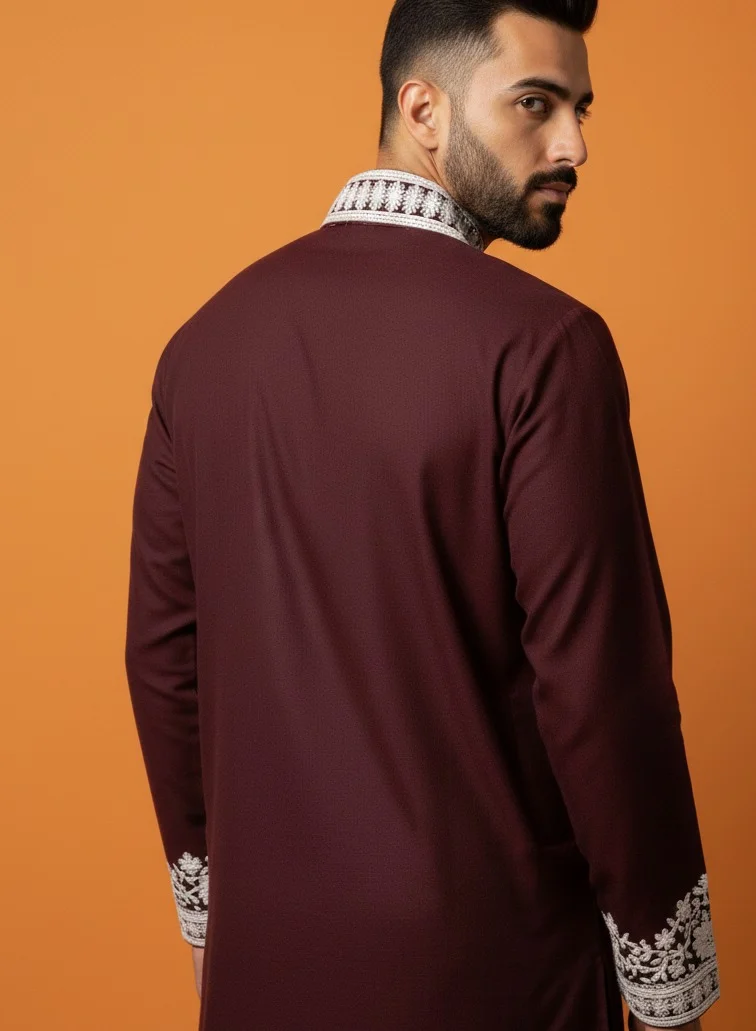 Lehar  Men’s Maroon Festive Kurta Set with Intricate Silver Resham Embroidery and Matching Stole for Men | Best Price UAE